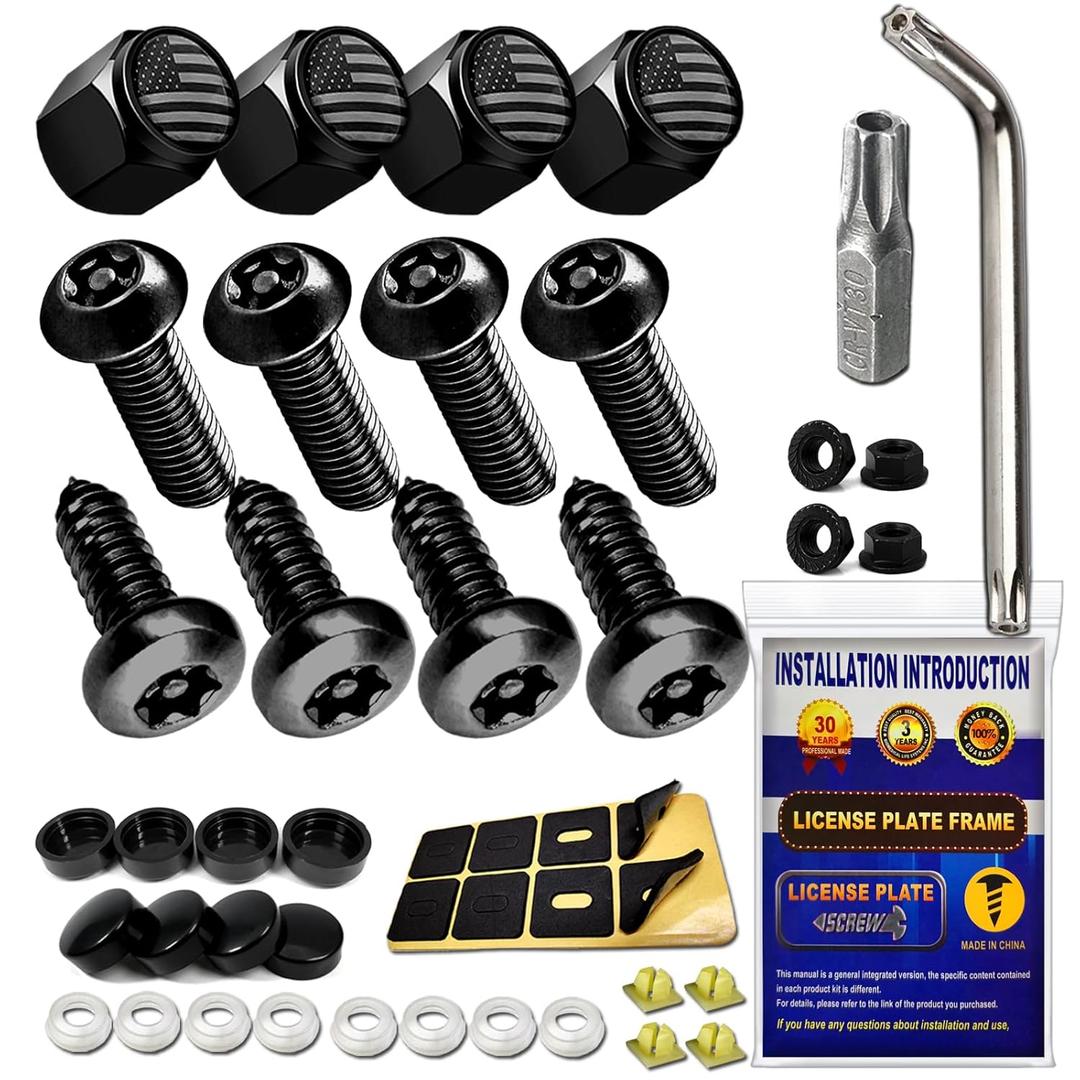 Anti Theft License Plate Screws- Black Security Bolts Fasteners for Front Rear Tag Frame Holder, 1/4'' M6 Stainless Steel Car Truck Motorcycle Mounting Hardware Kit- Screws Caps Insert Nuts