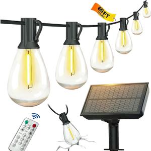 BLIATLUS 50FT Solar String Lights Outdoor Waterproof with Remote Control Solar Patio Lights 15+2 shatterproof LED Bulbs for Porch Garden Market Bistro Patio Backyard Fence