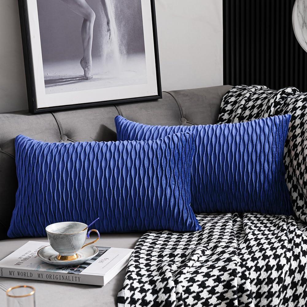 12x20 Blue Throw Pillow Covers: 2 Pack Original Striped Velvet Rectangular Decorative Pillow Cases for Farmhouse Couch