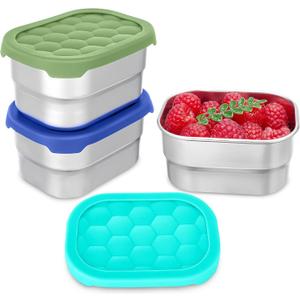 Gencywe 3 Pack Stainless Steel Snack Containers for Kids, 8 oz Easy Open Leak Proof Small Toddler Snack Containers with Silicone Lids, Stackable Metal Lunch Box for Daycare and School (Blue)