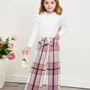 MIGU Girls Clothes Size 7-8 Kids Clothes Fashion White Long-sleeved Tops White and Pink Plaid Loose Straight Leg Pants Plaid Hat Girls Outfits Fall 3pcs