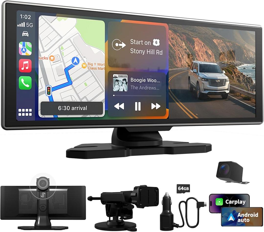 Largest Portable 11.26'' Wireless CarPlay/Android Auto Screen with 2.5D 1920x720 HD Display, Built-in DVR, 4K Front + 1080P Rear Camera, Car Screen,Easy Install Dash Cam,GPS Navigation,Voice Control (Black)