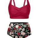 Tempt Me Women Plus Size High Waisted Bikini Set Two Piece Swimsuit Tummy Control Bathing Suits Red and Floral 20W
