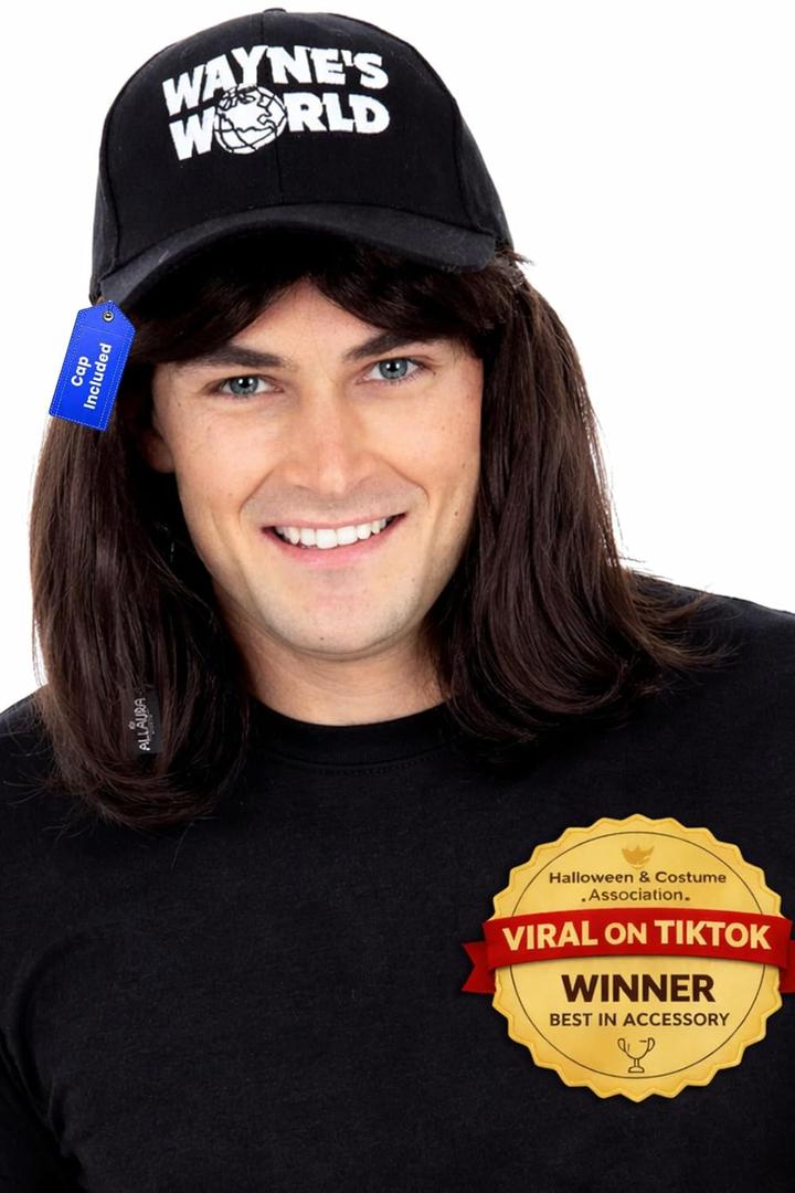ALLAURA Compatible with Waynes World Wig and Hat Black Mullet Wig with Waynes Cap for Men 80s Rocker Costume, Heavy Metal Look, 1980s Party Outfit, Funny Halloween or Couples Costume Accessory