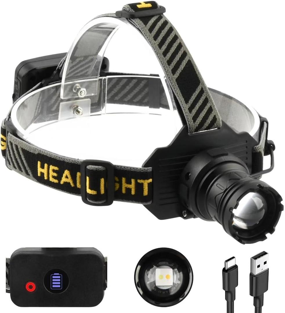 Headlamp USB Rechargeable Led Headlamp Super Bright 1080 Lumens Headlamp Flashlight + 6 Colors Light.Adult Headlamp,Camping,Outdoor,Fishing,Hurricane Lighting. Zoomable IPX54 Headlamp