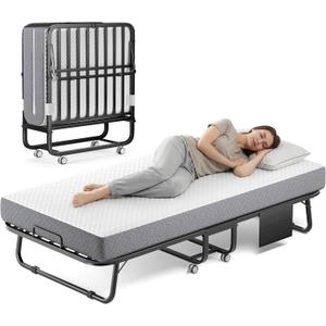 Folding Bed with Memory Foam Mattress, 75" x 31" Cot Size Portable Foldable Bed with Movable Wheels, Space-Saving Sturdy Metal Frame, Twin Rollaway Bed for Adults for Guest Room, Apartment, Camping