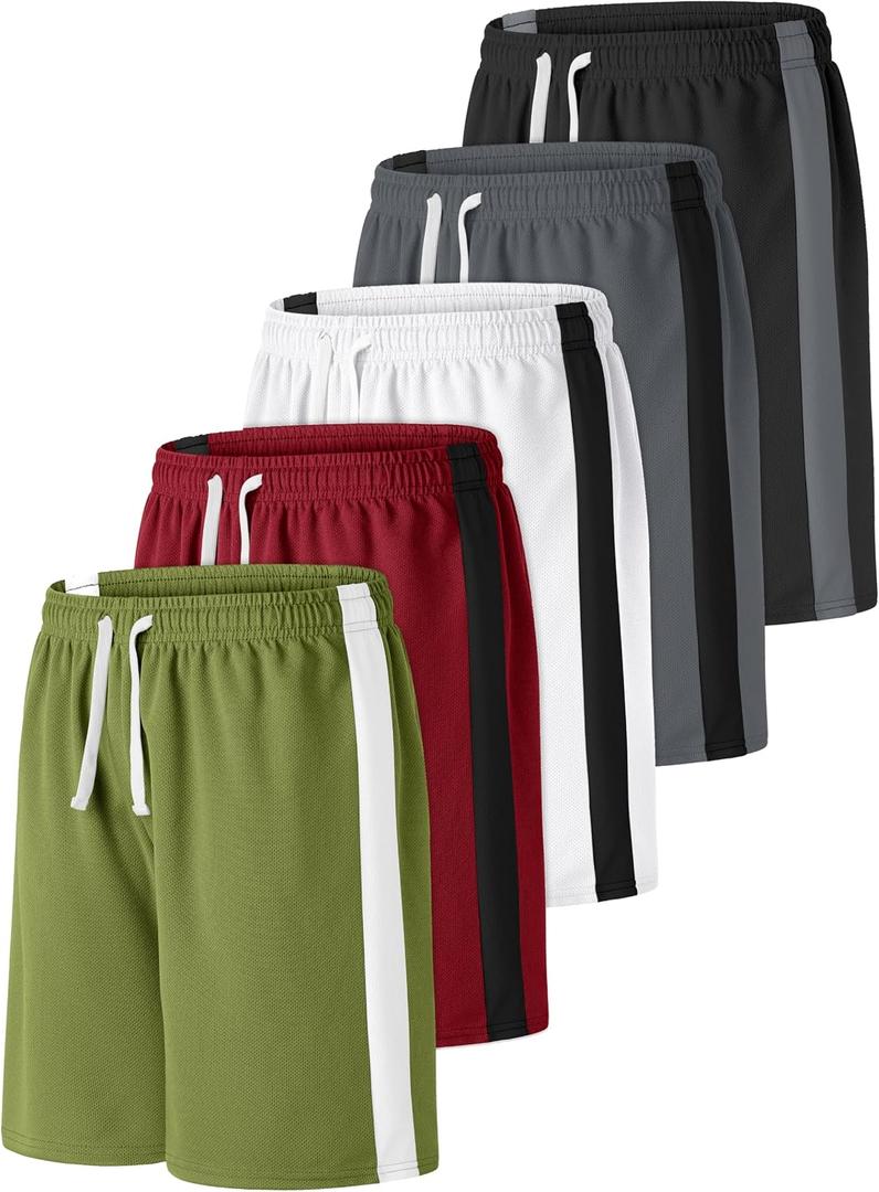 Resinta 5 Pack Boys Shorts Boys Basketball Athletic Shorts Kids Active Gym Soccer Sports Shorts Mesh Quick Dry Elastic Waist, 8-10