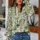 MASCOMODA Womens V Neck Floral Long Sleeve Tops 2025 Summer Casual Loose Puff Sleeve Chiffon Boho Work Blouse Dressy T Shirts (Small, Floral Grass Green)