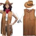 ATAMET Western Cowgirl Outfits for Women Cowgirl Fringe Vest Cowboy Hat Necklace Bandana,70s Hippie Costume for Halloween (Small, Brown)