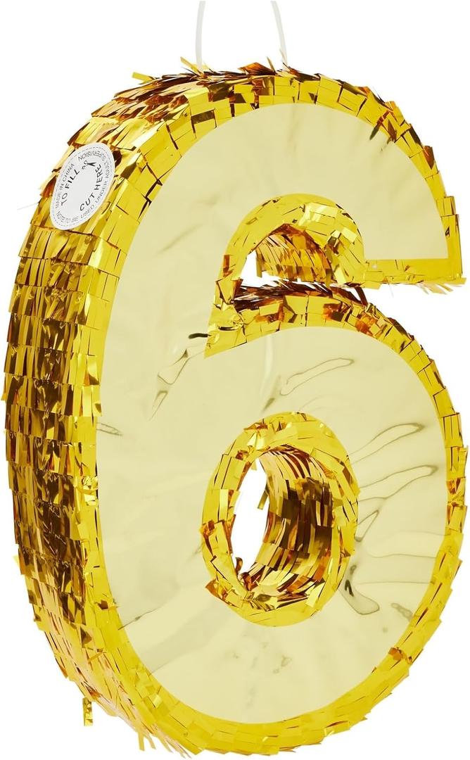 Juvale Gold Foil Number 6 Pinata - Shimmering Gold Centerpiece & Pinatas for Birthday Party - For 6th Birthday Decorations for Boys - 15.5x10.5x3 in