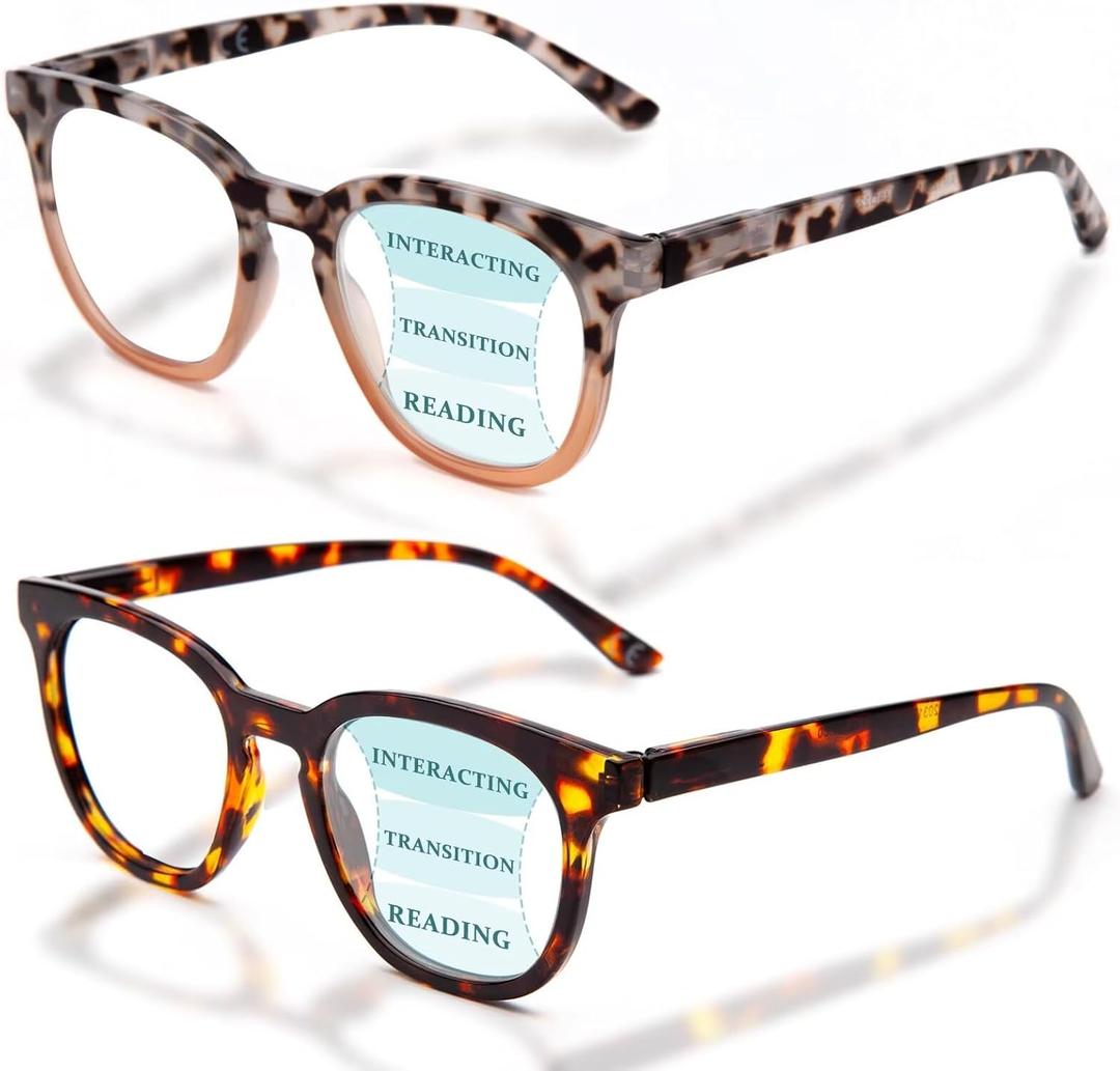 LianSan 2 Packs Progressive Multifocus Reading Glasses for Women - Ladies Near and Far Blue Light Blocking Computer Readers(Tortoise for 3ft, 2.50x)