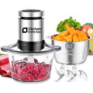Kitchen in the box Food Processor, Electric Meat Grinder & Food Chopper with 400W Powerful Veggie Chopper-2 Bowls8 Cup+8 Cup & 2 Bi-Level Blades for Meat/Fish/Vegetable/Baby FoodBlack Button