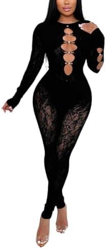 Black Lace Jumpsuits for Women Sexy, Long Sleeve, Cutout Design, Bodycon Fit L/XL