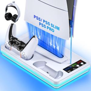 PS5 Slim/PS5 Stand and Cooling Station with Controller Charging Station for PlayStation 5 Slim&Standard Disc/Digital Consoles, PS 5 Cooler Accessories Incl Controller Charger, Cooling Fan