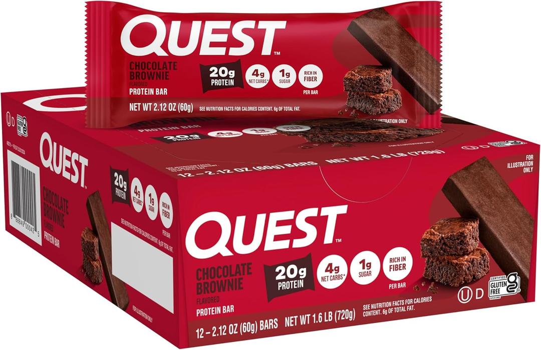 Quest Nutrition Chocolate Brownie Protein Bar, 20g Protein, 1g Sugar, 4g Net Carb, High Fiber, Gluten Free, Gluten Free, 12 Count