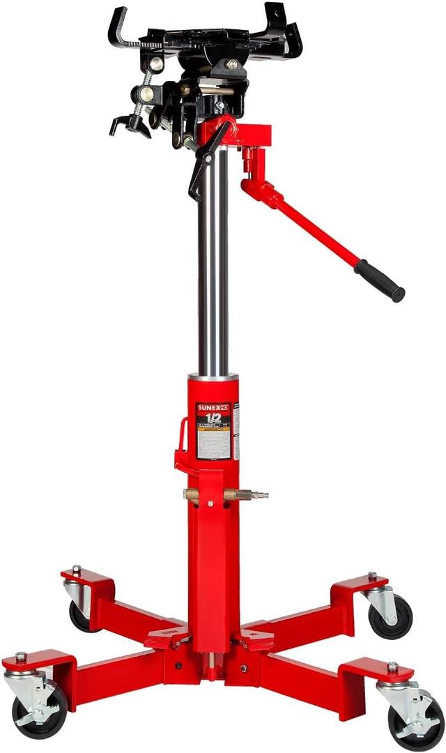 Sunex Tools 7796 1,000 lb Telescopic Transmission Jack, Air/Hydraulic, Foot & Hand Pump, Adjustable Saddle Arms, 73.5 in Max Height
