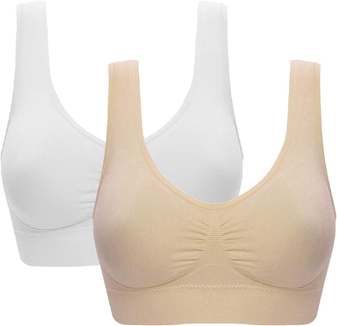 Women's Comfort Workout Sports Bra Low-Impact Activity Sleep Bras (X-Large, 2 Pack White Beige)