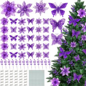 122 Pcs Christmas Glitter Poinsettia Artificial Flowers Berry Picks Butterfly Christmas Tree Ornaments 3 Styles Poinsettia kit with Clip for Xmas Wreath Home Tree Decor(Purple)