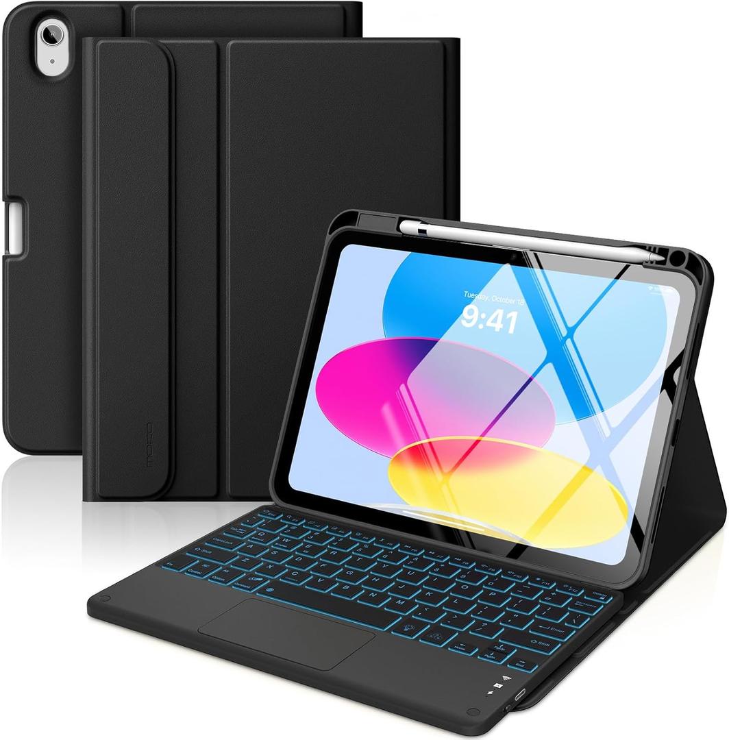 MoKo Touch Keyboard Case for iPad (A16) 11th Generation 11 inch 2025, iPad 10th Generation 10.9 inch Case with Pencil Holder, 7 Colors Backlit Multi-TrackPad Detachable Bluetooth Keyboard, Black