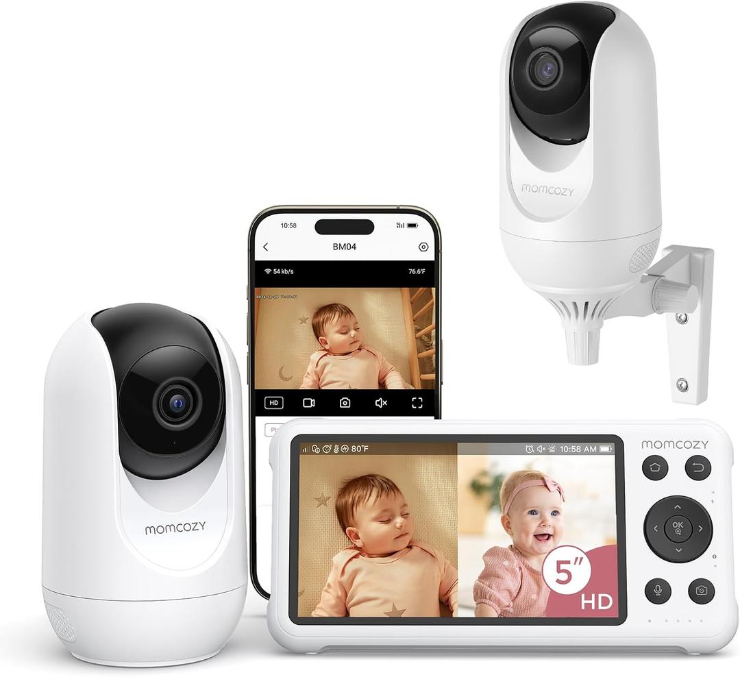 Momcozy BM04 Smart WiFi Baby Monitor with 2 Cameras, 5 1080P Split Screen Video Baby Monitor with Camera and Audio, Clear Night Vision, 5000mAh Battery, 2-Way Audio
