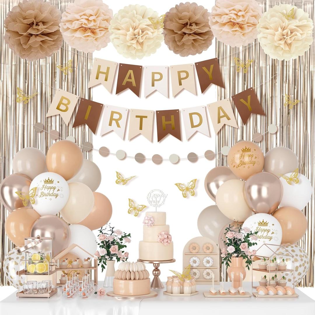 Neutral Birthday Decorations for Women Girls, White Sand Gold Confetti Metallic Printed Balloons Butterfly Stickers Fringe Curtain Happy Birthday Banner Circle Dots Paper Pompoms Party Decor Supplies (Beige)