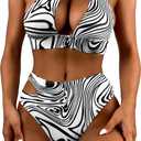 WDIRARA Women's 2 Piece Zebra Print Cut Out One Shoulder High Waist Bikini Set Swimsuit Black and White, L