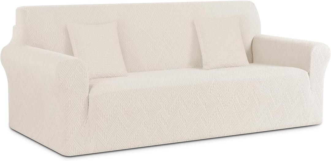 Ruaozz Stretch Sofa Cover 1 Piece Couch Covers for 3 Cushion Couch Non Slip Universal Sofa Slipcover Washable Soft Jacquard Furniture Protector with 2 pcs Throw Pillow Covers (3 Seater, Ivory)