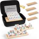 Mexican Train Dominoes Set with Numbers and 8 Wooden Trays/Racks, Double 15 Dominos Travel Set with 8 Tiles Holders, 136 Tiles Double 15 Colored Dominoes Game Set with Zippered Case for Family Kids