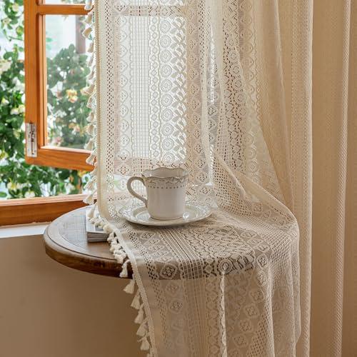 Boho Curtains 80 Inches Long 2 Panels, W60 x L80 Inch, Geometric Stripes Crochet Patterned Lace Curtains with Tassels for Living Room Rod Pocket Light Filtering Privacy Vintage Bohemian Window Curtain