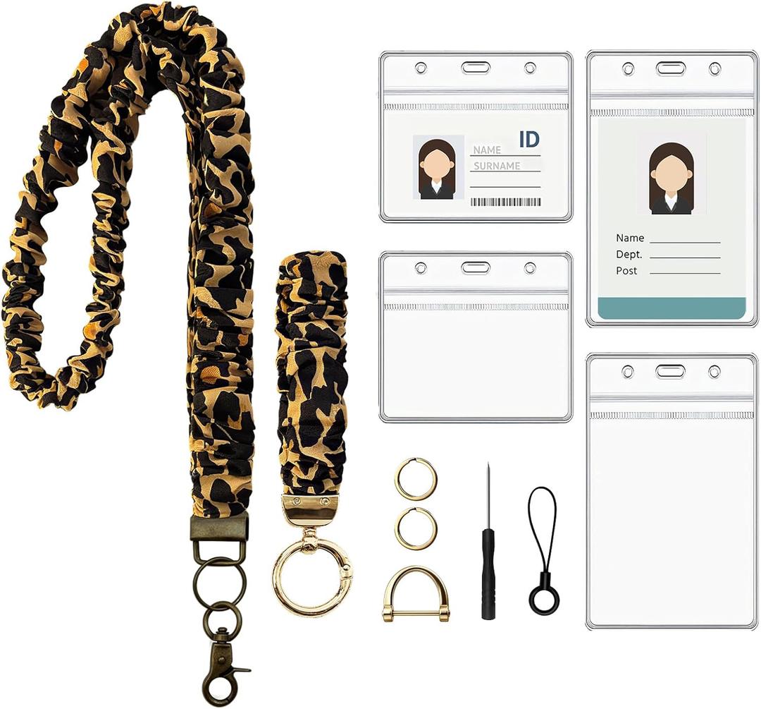 Stretchy Scrunchie Lanyard for Id Badges, Cute Teacher Lanyard Keychain Wristlet with 4 Id Holders for Women,Nurses (Leopard)