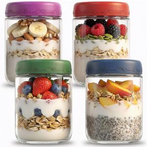 16oz 4Pack Glass Overnight Oats Jars Containers with Airtight Leakproof Lids, Reusable Mason Jars for Meal Prep, Yogurt Parfaits, Smoothies, Salads & Healthy Breakfasts (16 OZ-4-1)