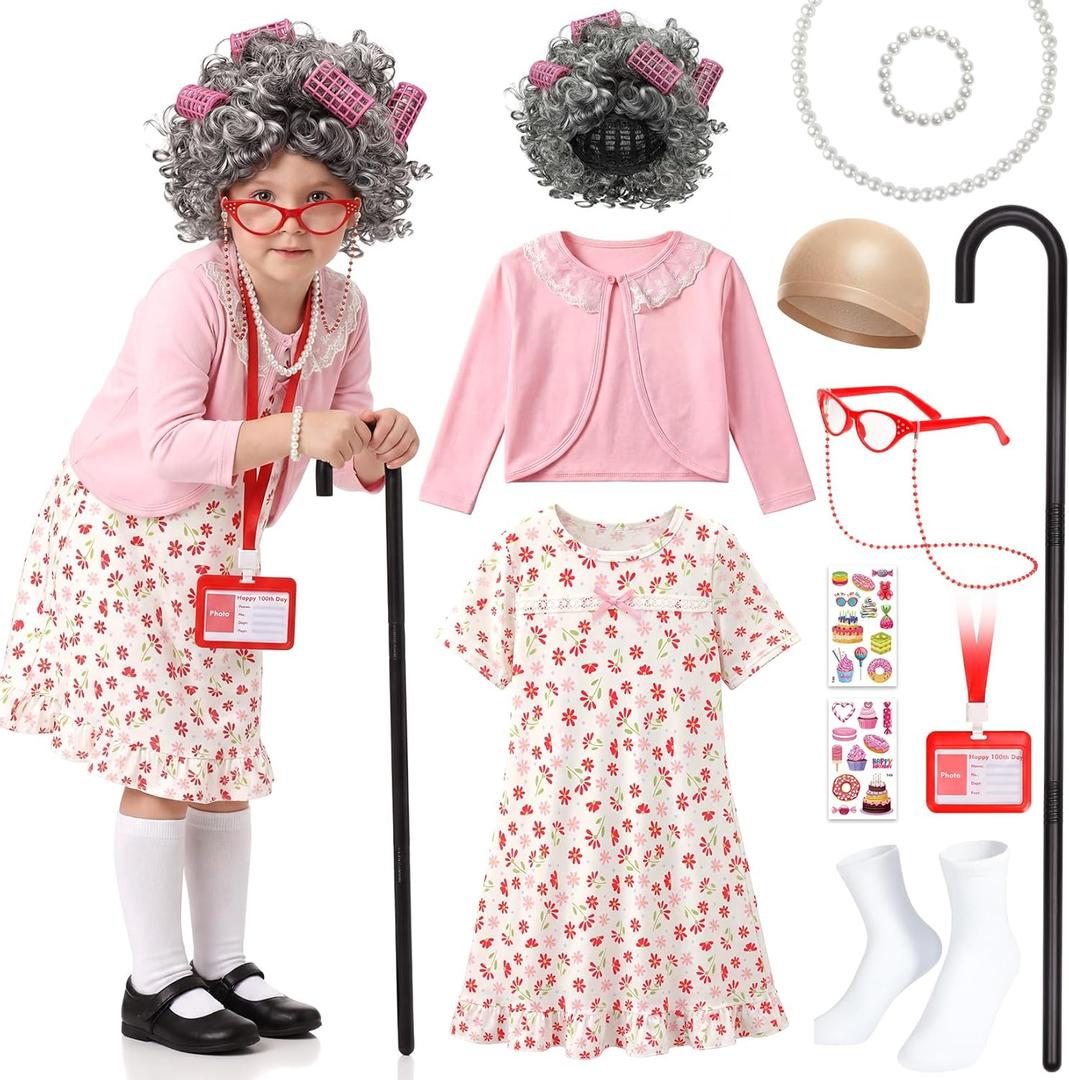 VGOFUN Old Lady Costume for Kids,100 Days of School Costume for Girls,100th Day Grandma Costume Granny Cosplay Dress Up Outfit With Old Lady Dress, Cane, Glasses, Wig Accessories for Girl Aged 5 6 7 8
