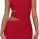 Women's Sexy Bodycon Ruched Sleeveless Cut Out Club Party Short Mini Dresses (Large, Red)