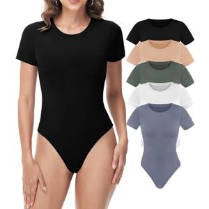 Sundwudu 5 Pack Body suits for Women - Stretchy Bodysuit Womens Tops Round Neck T Shirts for Women (Black/White/Olive Green/Nude/Dark Blue), M