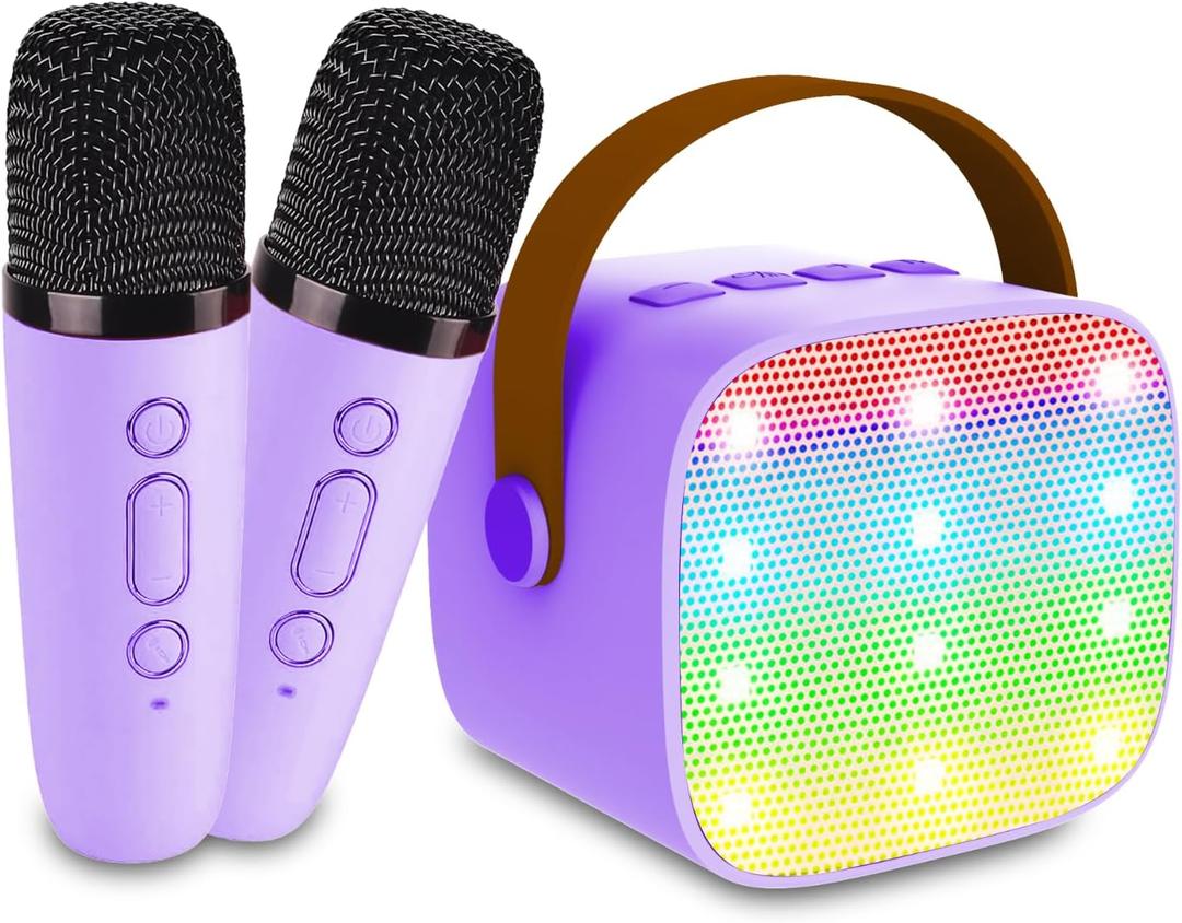 Portable Bluetooth Karaoke Speaker with 2 Wireless Microphones & LED Lights for Kids Birthday Parties (K1-2MIC-PURPLE)