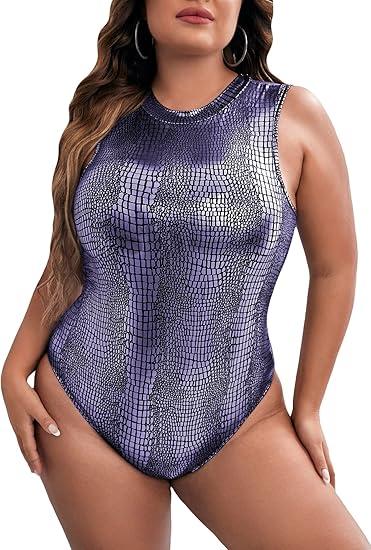 WDIRARA Women's Plus Size Crocodile Pattern Sleeveless Tank Bodysuit Party Tops Size XL