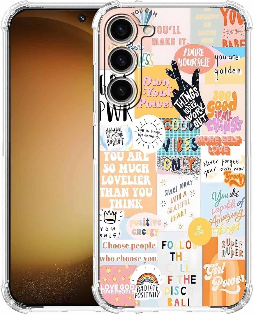Case for Samsung Galaxy S23+ with Beige Design, Cute Inspirational Positive Quotes Collage Pattern, Trendy Soft TPU Phone Cover Bumper(S23+,Yellow)