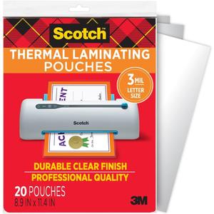 Scotch Thermal Laminating Pouches, Letter Size Laminating Sheets 8.9 x 11.4-Inches, 3 mil thick, 20-Pack, Clear