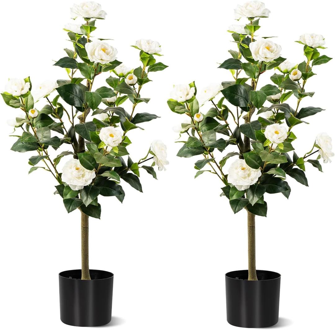 3FT Artificial Camellia Tree 2 Pack, Artificial Plants Outdoor Faux Floral Plant in Cement Pot Fake Silk Camellia Tree Plants for Home House Living Room Office Decor