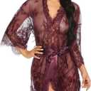 Avidlove Women's Lace Kimono Robe Babydoll Lingerie Mesh Nightgown (Large, Wine Red)