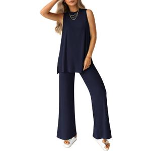 PRETTYGARDEN Women's 2 Piece Lounge Set 2025 Summer Casual Loose Tank Top Wide Leg Pants Matching Travel Outfits Tracksuit (XX-Large, Navy)