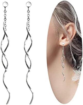 Sterling Silver Spiral Long Wire Earrings, Handmade Twisted Linear Hypoallergenic Dangle Drop Earrings, Gift for Women (Silver, straight long wire earing)