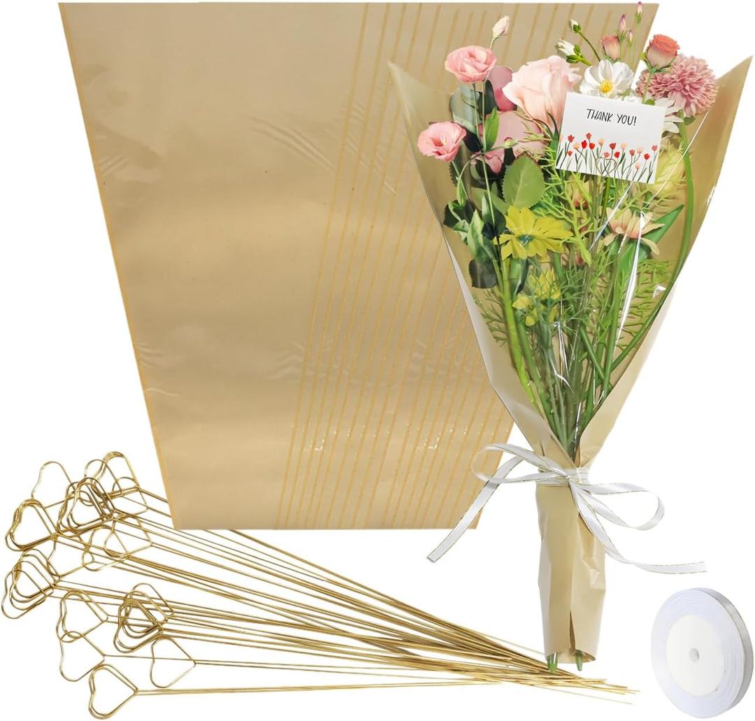 Buxiffod 50PCS Flower Bouquet Wrapping Paper with Ribbons and Card Clips 22" x 14.2" Kraft Flower Sleeves for DIY Flower Gifts Weddings and Mothers Day