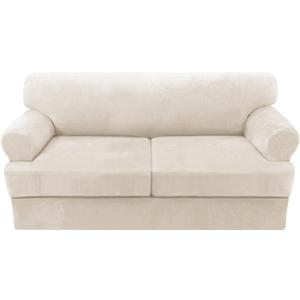 H.VERSAILTEX Sofa Cover 3 Piece Loveseat Slipcovers Thick Velvet Couch Cover Furniture Protector Stretch Sofa Covers for 2 Cushion Couch with 2 Individual T Cushion Covers Washable, Ivory