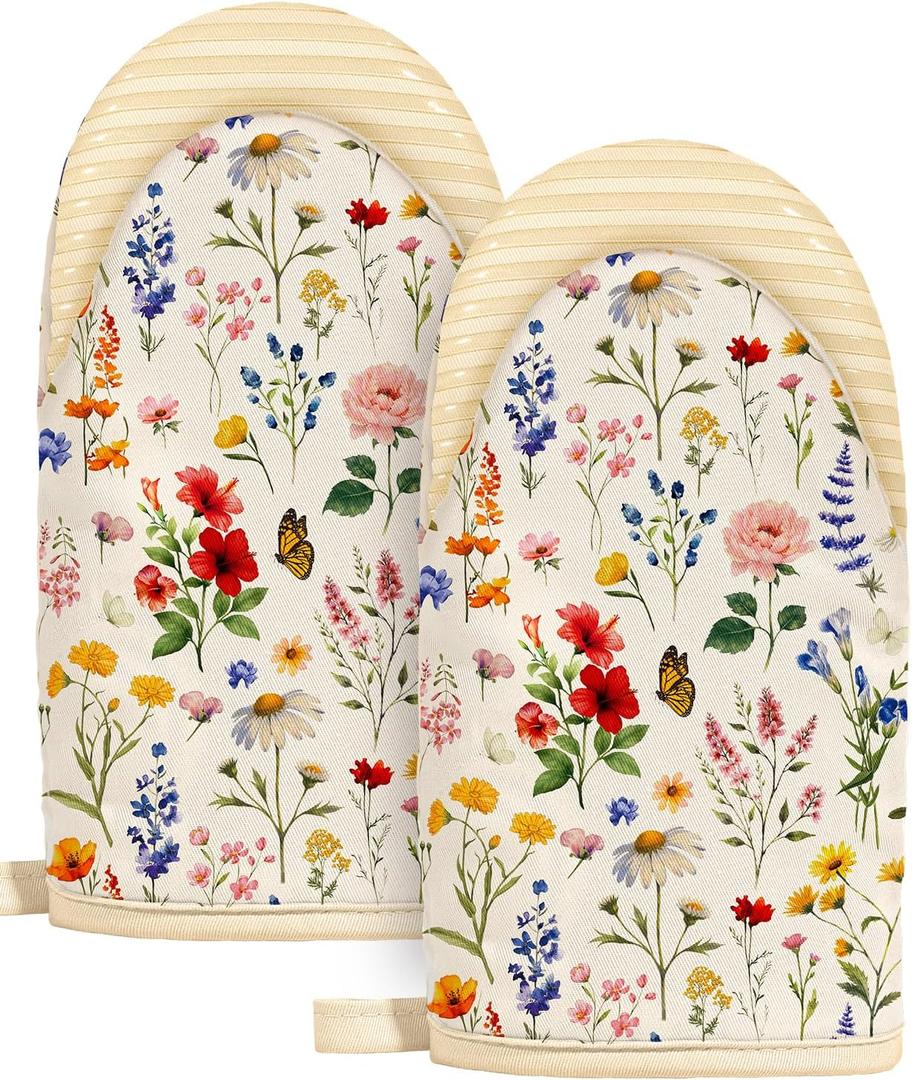 Slohif Vintage Floral Mini Oven Mitts Set  Beige Extended Short Heat Resistant Kitchen Gloves for Women, 100% Cotton Oven Mitts with Silicone Grips, Non-Slip and Thick Durable for Cooking & Baking