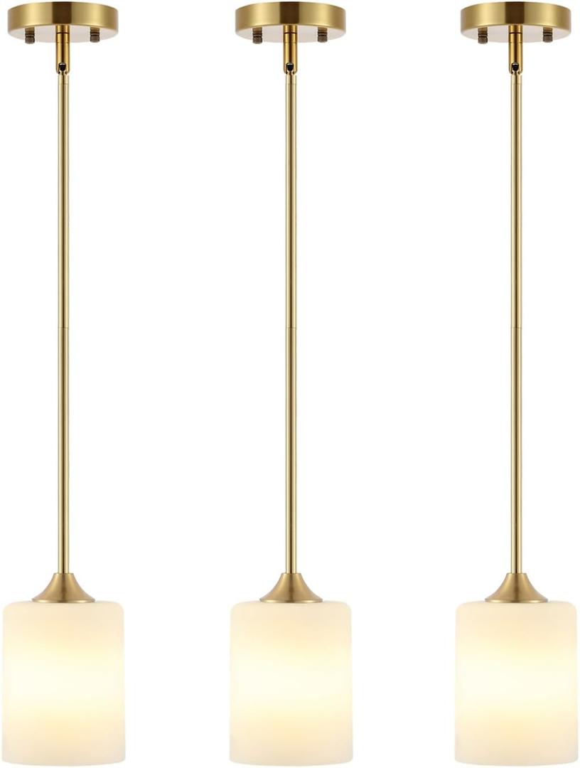 BYOLIIMA Modern Gold Pendant Light 3 Pack Brushed Brass Mid Century Chandelier White Cylinder Glass Shades Adjustable Rods Farmhouse Ceiling Hanging Lighting Fixture Kitchen Island Dining Room Bedroom