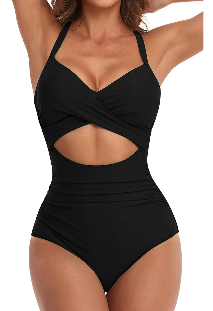 Women's One Piece Swimsuits Tummy Control Cutout High Waisted Bathing Suit Wrap Tie Back 1 Piece Swimsuit, S