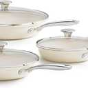 Redchef Nonstick Cookware Sets, Frying Pan Set with Tempered Glass Lids, Ceramic Cookware Set, Stay-Cool Handles, Dishwasher & Oven Safe, Compatible with All Cooktops, Beige (8+9.5+11 Inch)