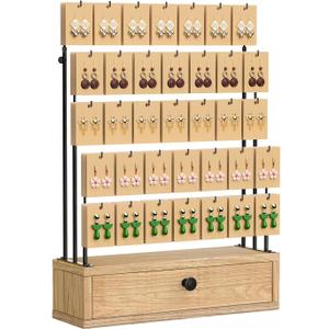 ORLESS 5-Tier Jewelry Display for Vendors, Earring Holder Organizer with Storage Drawer Box, Necklace Display Holder for Selling, Earring Cards Organizer for Bracelets, Rings, Natural Wood(35 Hooks)
