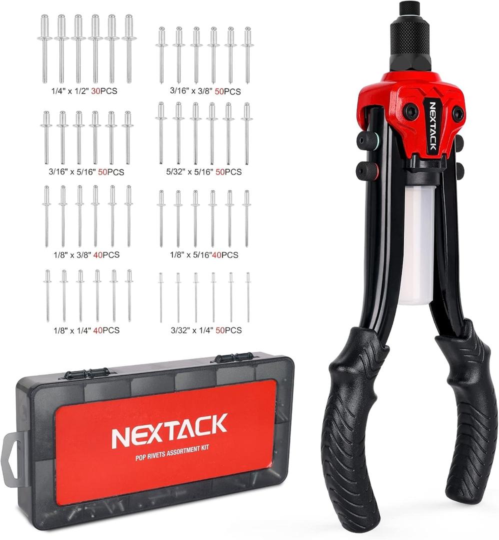 NEXTACK Rivet Gun Kit with 350 Blind Rivets, Heavy Duty Two-Handed 1/4 Pop Rivet Gun Set (NT300), 5 Nosepieces, Built-in Shaft Catcher for Van, Gutter & Automotive